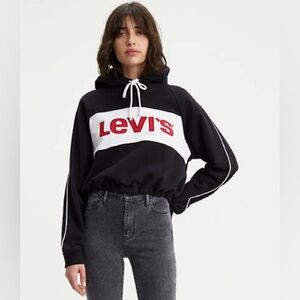 Levi's size XL, Black Hoodie with draw string hem, red “Levi” graphic